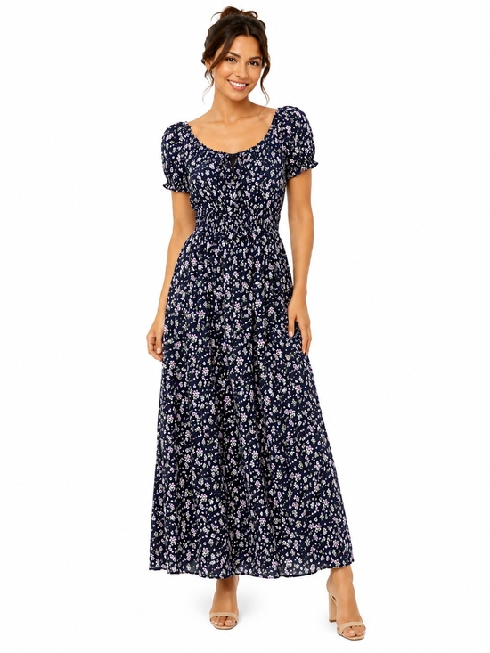 Birch And Stone Dresses & Skirts - Birch And Stone Smocked Navy Floral Maxi Dress Raw Hem Sz Small